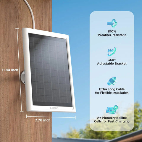 Close-up of mounted 2 Pack 6W Solar Charger For Battery Powered Cameras showing dimensions and features of the panel and cable.