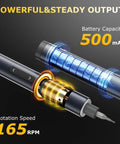 Internal view of Mini 3.7V Cordless Electric Screwdriver Kit With LED Light 57 In 1 Magnetic Precision Screwdriver Set Adjustable Torque showcasing battery and rotation speed details.