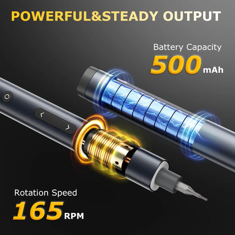 Internal view of Mini 3.7V Cordless Electric Screwdriver Kit With LED Light 57 In 1 Magnetic Precision Screwdriver Set Adjustable Torque showcasing battery and rotation speed details.