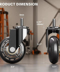 Six Pack 2.5 Inch Swivel Creeper Caster Wheels With Thread Stems, showcasing product dimensions and details in a garage setting.