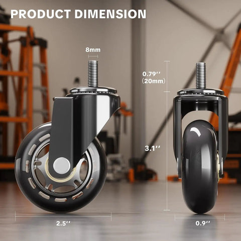 Six Pack 2.5 Inch Swivel Creeper Caster Wheels With Thread Stems, showcasing product dimensions and details in a garage setting.