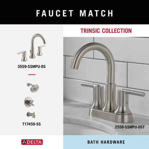 Delta Trinsic Collection faucet and bath hardware set with 3559-SSMPU-DS and 2559-SSMPU-DST models in brushed nickel finish.