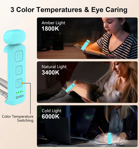 Front view of blue Gritin clip-on reading light; rechargeable book lamp with 3 color temperatures and 5-level brightness