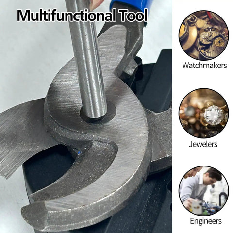 Pin Punch Set 14Pc Removing Repair Tools With Universal Block And Hammer shown with uses for watchmakers, jewelers, engineers
