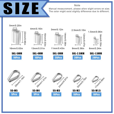 Size chart for aluminum loop sleeves and stainless steel cable thimbles from Pro Grade 123 Piece Wire Rope Kit.