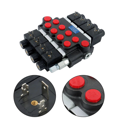 Four Spool 12V DC Hydraulic Solenoid Control Valve For Double Acting Cylinders With 13 GPM Flow And 3600 PSI Max SAE10 Inlet SAE8 Outlet