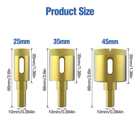 Product size image of Heavy Duty Three Piece Diamond Drill Bit Hole Saw Kit For Smashing Through Ceramic Tile Granite Marble And Glass Bottles Without Breakage Plus Knockout Cutting Power Measures Two Fifth To Four Fifth Inches Wide.