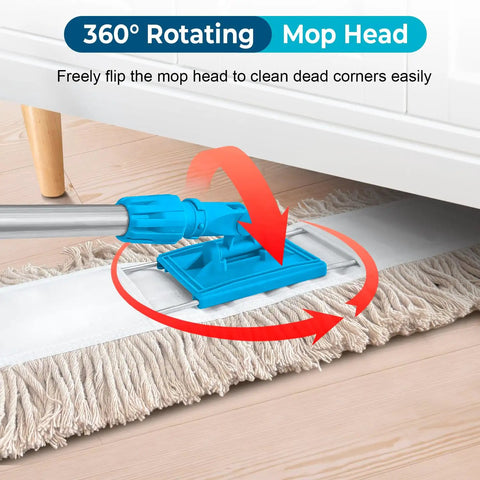 Straight Up Heavy Duty Commercial Dust Mop With Extra Long Handle And Premium Absorbent Cotton Pad showing 360° rotating mop head for cleaning.