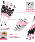 Pink 277 Piece Home Repair Kit With Wide Mouth 13 Inch Tool Bag Hammer Screwdrivers Pliers Wrenches And Essential Diy Household Tools For Quick Pro Grade Home Fixes, showing screwdrivers and hex keys.