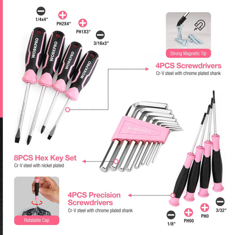 Pink 277 Piece Home Repair Kit With Wide Mouth 13 Inch Tool Bag Hammer Screwdrivers Pliers Wrenches And Essential Diy Household Tools For Quick Pro Grade Home Fixes, showing screwdrivers and hex keys.