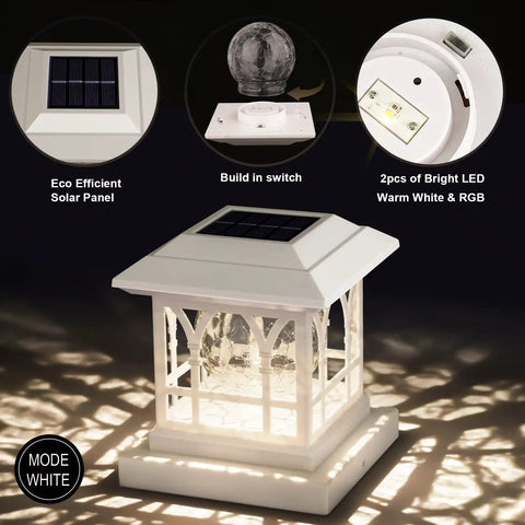 Solar Powered Outdoor Fence Lights RGB and Warm White for 3.6x3.6 to 5x5 Deck Posts with IP65 waterproof ABS shell and glass lens.