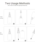 Diagram showing Two In One Shoe Glue With Brush And Nozzle For Sole And Heel Repair, Clear Instant Bonding, two usage methods.