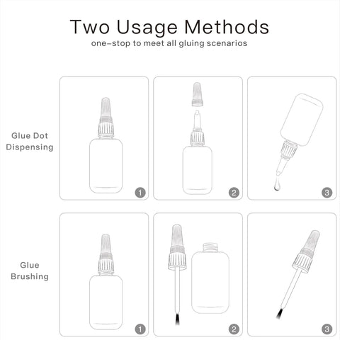 Diagram showing Two In One Shoe Glue With Brush And Nozzle For Sole And Heel Repair, Clear Instant Bonding, two usage methods.