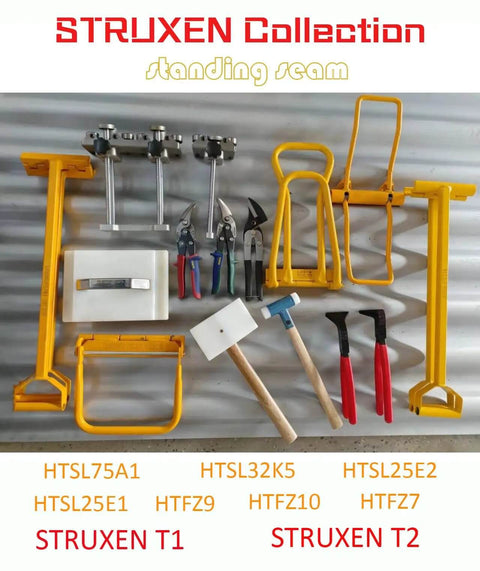 Eaves Seam Locker For Standing Seam Metal Roofs HTSL25E2 shown with tools for drip edge and rake edge hem bends, 90-180°.