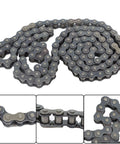 80 Roller Chain Heavy Duty 10 Foot Chain With Connector And Extra Connector Carbon Steel Heat Treated Built Tough For High Power Slow Running Machinery Abrasion Resistant Industrial Grade Chain. Detailed and close-up view of the chain links.