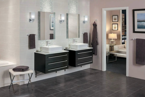 Modern bathroom with 24 Inch Wall Mounted Chrome Towel Bar for Bathroom Organization and Storage, Sturdy Contemporary Design, Reflective Finish.