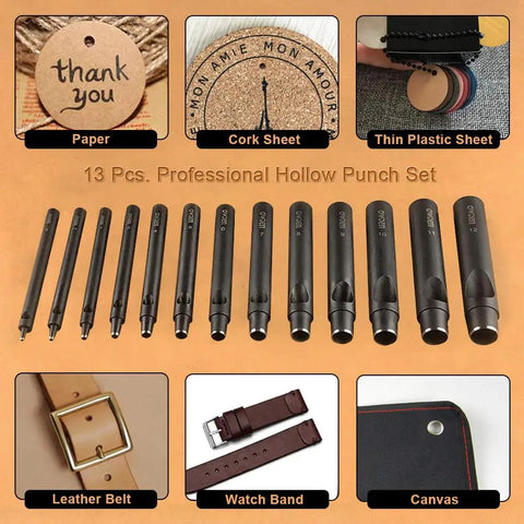Ultra Slim Leather Hole Punch Kit For Belts And Watch Straps 13 Piece Set From 1mm To 12mm Precise Punch Sizes Durable Steel Construction
