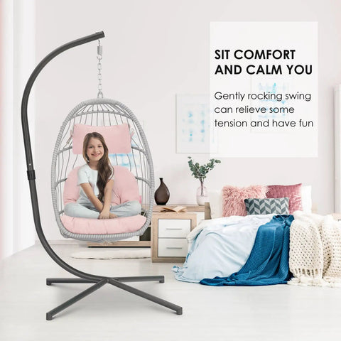 Pink Egg Chair With Stand For Indoor Outdoor Chillaxing, Swinging Wicker Hammock Chair in a modern bedroom setting with UV cushion