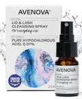 Front view of Avenova eyelid and eyelash cleansing spray bottle (20 ml) with white box; amber bottle with spray cap.