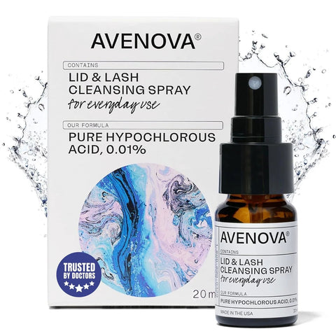 Front view of Avenova eyelid and eyelash cleansing spray bottle (20 ml) with white box; amber bottle with spray cap.