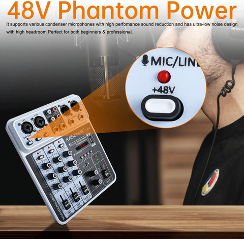 4 Channel DJ Mixer With Bluetooth And USB MP3 Input 48V Phantom Power For Karaoke Podcasts showcasing +48V phantom power button