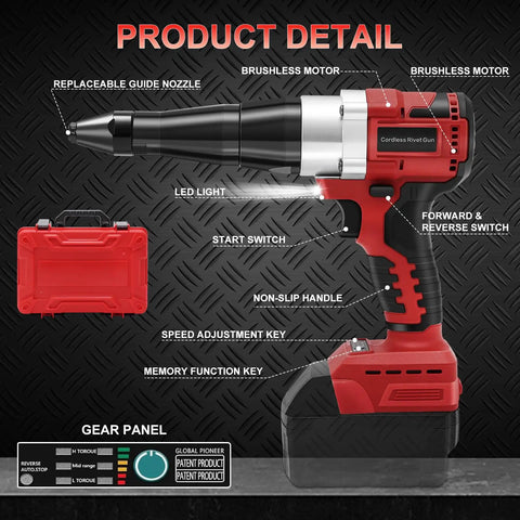 Cordless Rivet Gun Tool Compatible With 18V Max Battery Brushless Automatic Riveter with features like LED light
