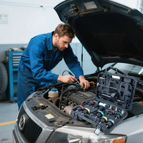 Pro Level 18 Piece Universal Radiator Pressure Testing Kit With Thirteen Heavy Duty Coolant Adapter Fittings in use on a car engine.