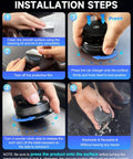 MagSafe Car Mount Charger installation steps showing cleaning, pressing to lock, releasing suction, and washing.
