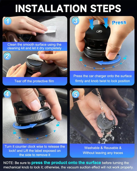 MagSafe Car Mount Charger installation steps showing cleaning, pressing to lock, releasing suction, and washing.