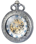 Mechanical Pocket Watch With Magnifier Case And Half Hunter Engraved Silver Chain Skeleton Dial Roman Numerals Classic Vintage Style For Men And Women Jewelry Quality Timepiece For Casual Or Business Wear showcasing intricate gears and Roman numeral design.