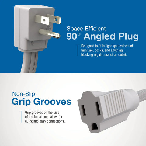 Close-up of Super Tough Fifty Foot Heavy Duty Gray Appliance Extension Cord With Flat Plug showing 90° angled plug and grip grooves.