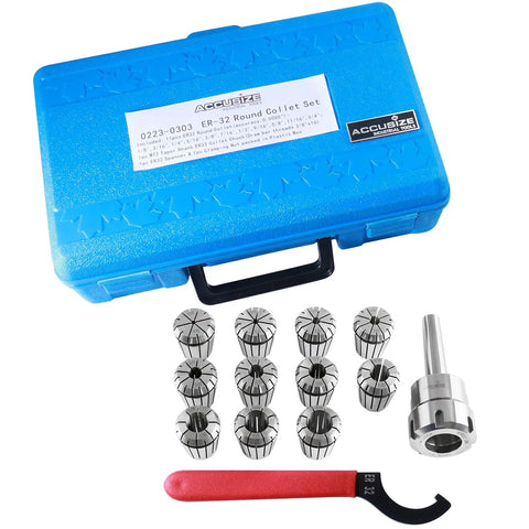 MT2 Shank ER32 Chuck Kit With Eleven Collets From One Eighth To Three Quarter Inch Increments In Sixteenth Inch Morse Taper Collet System Pro Grade Alloy Steel 0.0005 Inch Accuracy For End Mills Drills Reamers, blue case