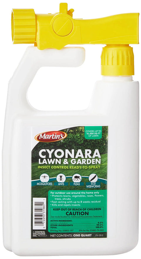 Cyonara Lawn And Garden RTS Ready-To-Spray Mosquito And Insect Control 32 oz bottle with attached yellow spray nozzle.