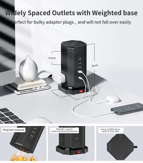 Image of Tower Power Strip With USB Ports And Surge Protector with widely spaced outlets and USB connections on a desk.