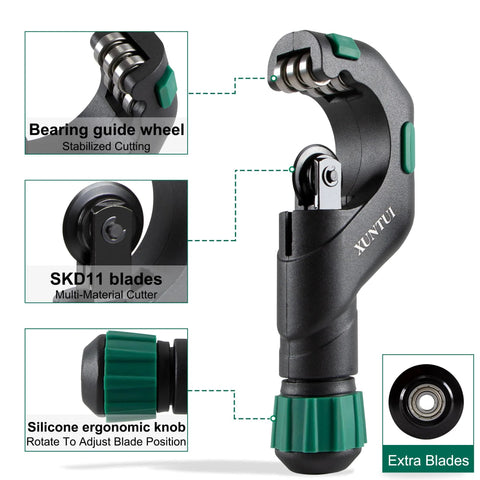 Heavy Duty Multi Material Pipe Cutter Tool Set For Copper Brass Aluminum And Stainless Steel 0.1875 Inch To 2 Inch Outer Diameter With Deburring Tools And Extra Blades By XUNTUI For HVAC And Plumbing Tubing