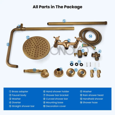 Exposed Bathroom Shower Faucet Set With 8 Inch Rainfall Shower Head And Handheld Shower, parts included, all components shown