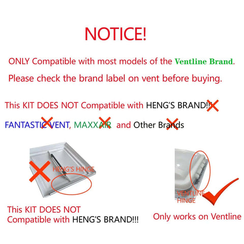 Notice of Ventline Compatible RV Roof Vent Motor Upgrade Kit, not for Heng's, with images of roof vents and brand labels.