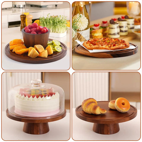 Acacia Wood Cake Stand With Glass Lid, 12 Inch Magnetic Base And Detachable Serving Tray For Cake Cheese Charcuterie Snacks And Desserts