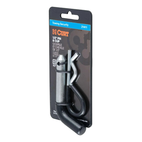 Trailer Hitch Pin and Clip With Vinyl Coated Grip, Half Inch Diameter, Fits One And One Quarter Inch Receiver, on packaging