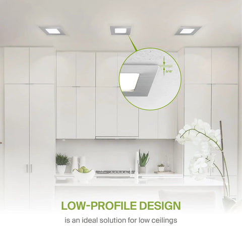 Modern kitchen with 6 Pack 3 Inch Square LED Recessed Lights Canless Ultra Thin Dimmable Ceiling Fixture With J Box Easy Install