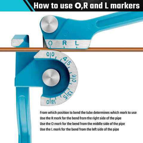 Duratech 180 Degree Tubing Bender 3 In 1 Pipe Bender Tool showing O, R, and L markers for precise bending instructions.