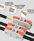 No Hassle Quick Snap Wire Connectors 30 Piece Set 24 To 12 AWG Push In Terminals with stranded and solid wire for easy electrical connections.