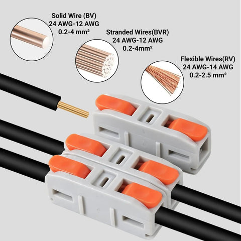 No Hassle Quick Snap Wire Connectors 30 Piece Set 24 To 12 AWG Push In Terminals with stranded and solid wire for easy electrical connections.