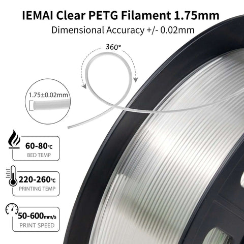 Crystal Clear PETG Filament 1.75mm 1kg for 3D printing, close-up of spool showing dimensional accuracy and temperature settings.