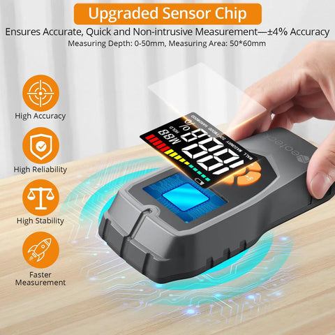 Demo of Pinless Moisture Meter For Wood And Masonry, Non-Invasive Detector With LCD Display And Audible Alarm in use on wood surface.