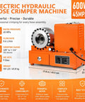 Top Notch Portable Electric Hydraulic Hose Crimper Machine With Limit Switch And Updated Housing showing 600W capacity and crimping details.