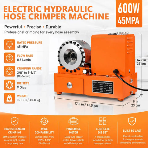 Top Notch Portable Electric Hydraulic Hose Crimper Machine With Limit Switch And Updated Housing showing 600W capacity and crimping details.