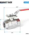 Heavy Duty One Half Inch FNPT Three Piece Ball Valve In 304 Stainless Steel With Red Handle For Industrial Piping, dimensions shown.
