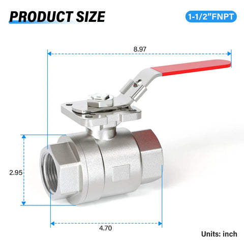 Heavy Duty One Half Inch FNPT Three Piece Ball Valve In 304 Stainless Steel With Red Handle For Industrial Piping, dimensions shown.
