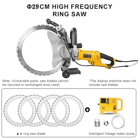 Professional Brushless Electric Concrete Circular Saw For Wall Cutting With No Sweat Dust Free Operation And Rock Solid Horsepower Motor For Smooth Heavy Duty Construction Projects with ring saw and water pump attachment.